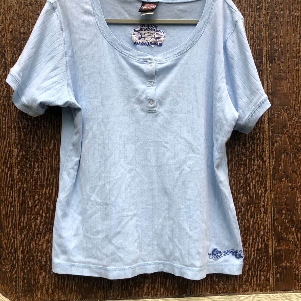 Hoosier Harley Davidson Elkhart Indiana Light Blue Henley Top Women’s 1W